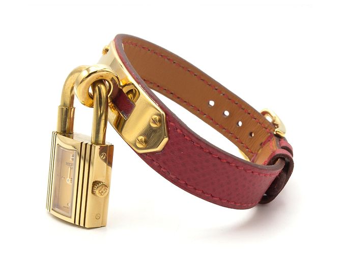 Hermès Kelly Uhr vergoldet mit rotem Lederarmband Golden - Ansicht 2