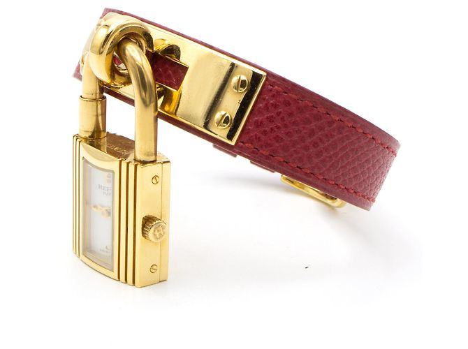 Hermès Kelly Uhr vergoldet mit rotem Lederarmband Golden - Ansicht 2