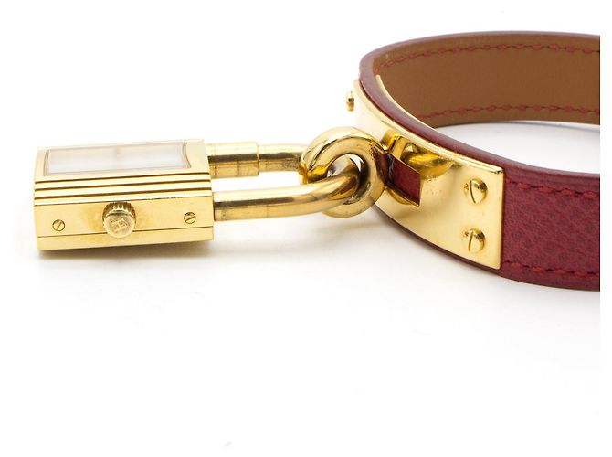 Hermès Kelly Uhr vergoldet mit rotem Lederarmband Golden - Ansicht 3