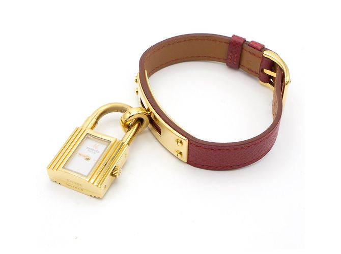 Hermès Kelly Uhr vergoldet mit rotem Lederarmband Golden - Ansicht 5
