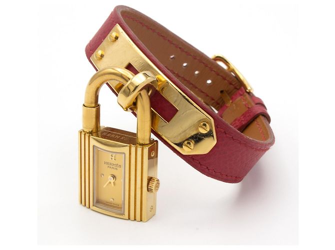 Hermès Kelly Uhr vergoldet mit rotem Lederarmband Golden - Ansicht 2