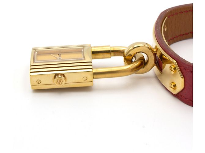 Hermès Kelly Uhr vergoldet mit rotem Lederarmband Golden - Ansicht 3