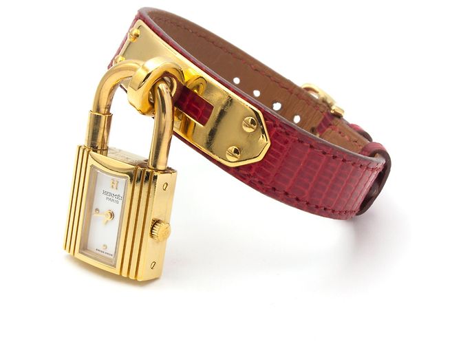 Hermès Kelly Uhr vergoldet mit rotem Echsenleder Armband Golden - Ansicht 2