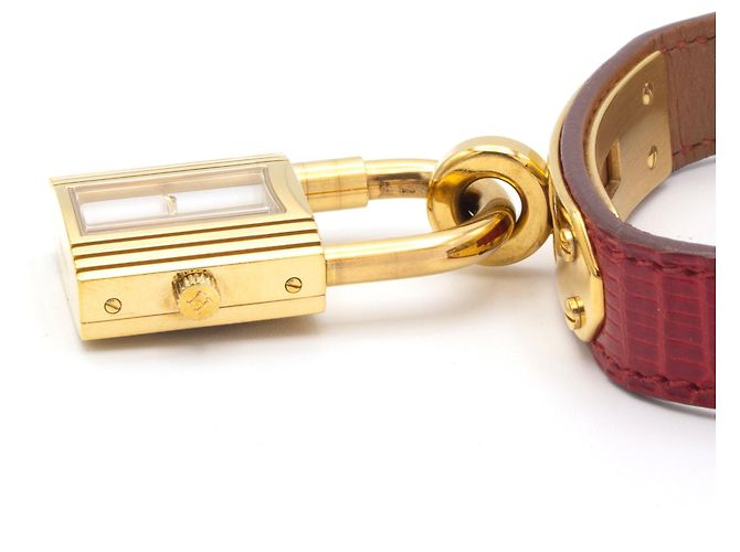Hermès Kelly Uhr vergoldet mit rotem Echsenleder Armband Golden - Ansicht 3