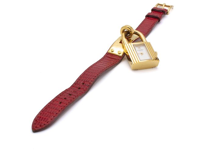 Hermès Kelly Uhr vergoldet mit rotem Echsenleder Armband Golden - Ansicht 5