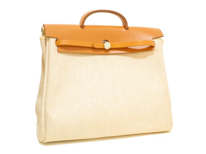 Bolsa Hermès Herbag em lona bege e couro natural - vista 2