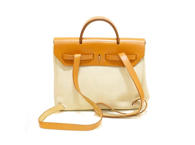 Bolsa Hermès Herbag em lona bege e couro natural - vista 4