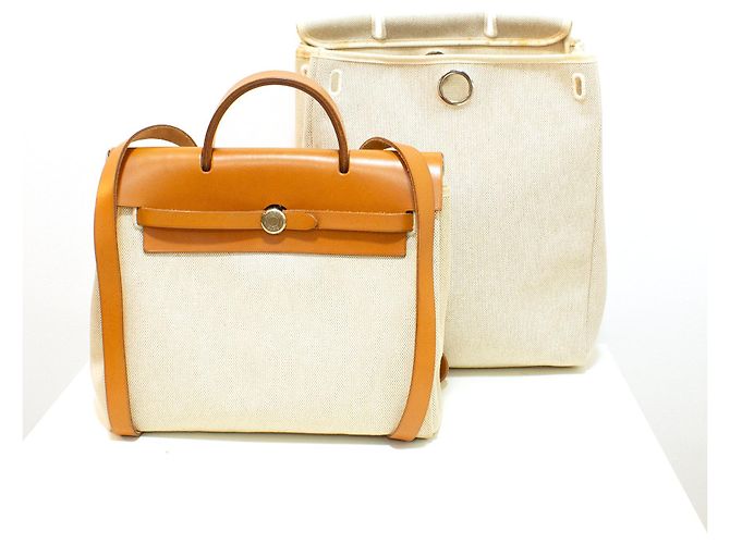 Bolsa Hermès Herbag em lona bege e couro natural - vista 7
