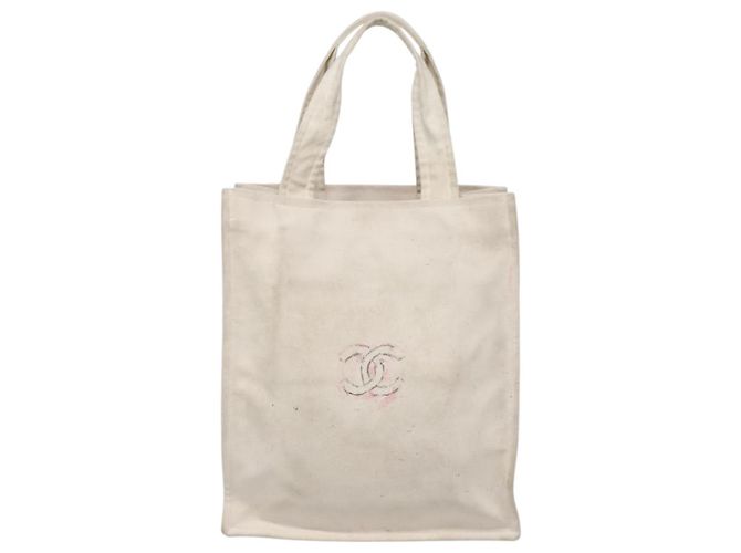 CHANEL COCO Tote Bag aus Canvas Weiß Silber CC Auth BA3697 - Ansicht 2