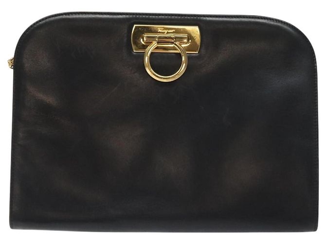 Borsa a Spalla Gancini Chain in Pelle Nera Oro Auth 128664 di Salvatore Ferragamo - vista 13
