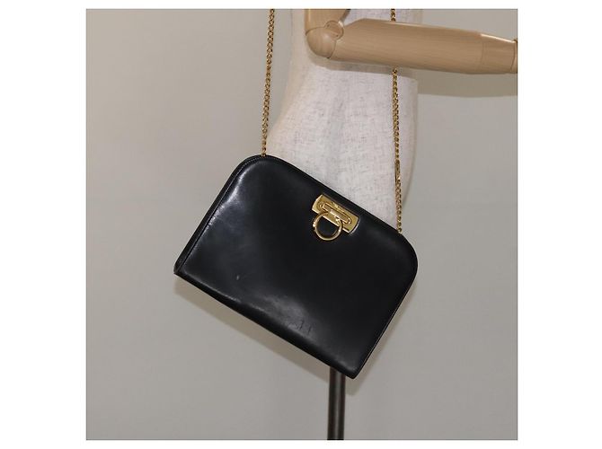 Borsa a Spalla Gancini Chain in Pelle Nera Oro Auth 128664 di Salvatore Ferragamo - vista 20