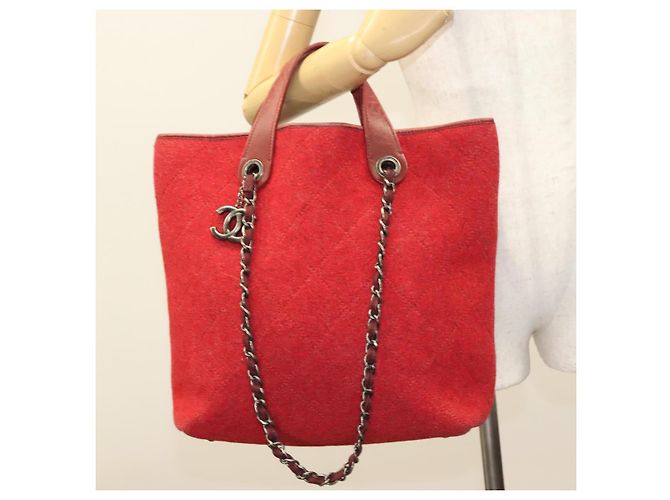 CHANEL Matelassé Kette Schultertasche Wolle 2-in-1 Rot CC Auth 127480 - Ansicht 23