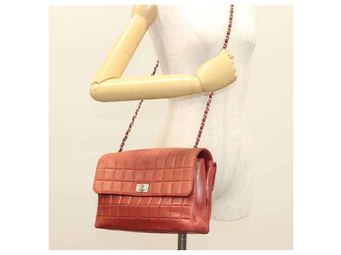 CHANEL Choco Bar Schultertasche aus Lammleder Rot Silber CC Auth BA3678 - Ansicht 28