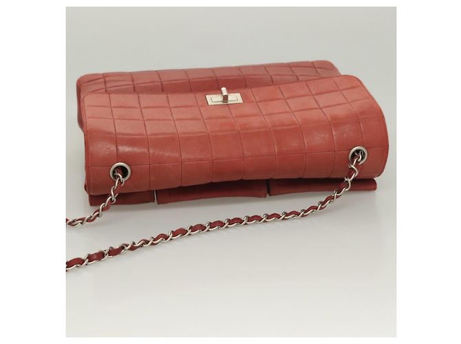 CHANEL Choco Bar Schultertasche aus Lammleder Rot Silber CC Auth BA3678 - Ansicht 6