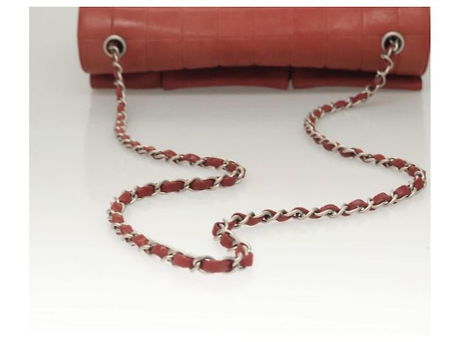 CHANEL Choco Bar Schultertasche aus Lammleder Rot Silber CC Auth BA3678 - Ansicht 7