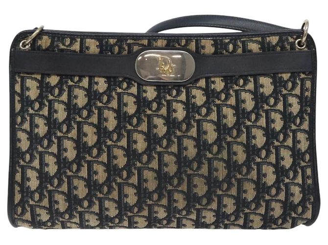 Borsa a Spalla in Tela Trotter Christian Dior Blu Navy Oro Auth 128445 D'oro - vista 13