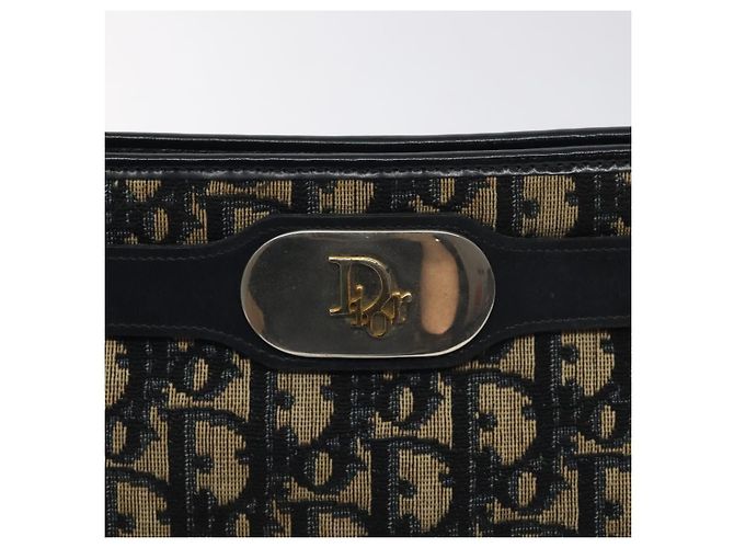 Borsa a Spalla in Tela Trotter Christian Dior Blu Navy Oro Auth 128445 D'oro - vista 17