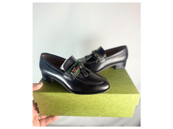 Mocassini Gucci Jarka leather con nappine neri taglia 35 Nero Rosso D'oro Verde - vista 2