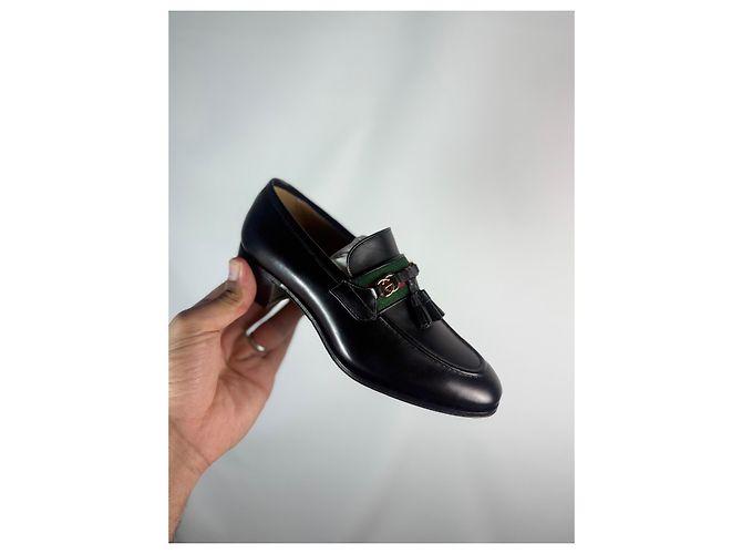 Mocassini Gucci Jarka leather con nappine neri taglia 35 Nero Rosso D'oro Verde - vista 3