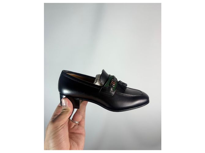 Mocassini Gucci Jarka leather con nappine neri taglia 35 Nero Rosso D'oro Verde - vista 4