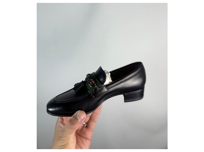 Mocassini Gucci Jarka leather con nappine neri taglia 35 Nero Rosso D'oro Verde - vista 6