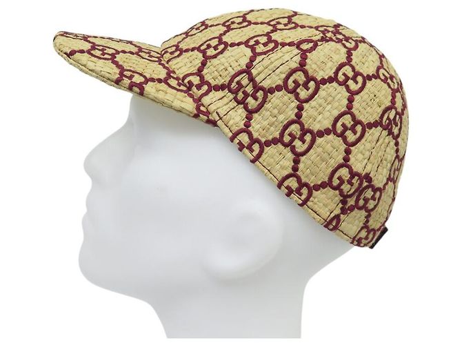 CAPPELLO DA BASEBALL GUCCI IN RAFFIA CON LOGO GG BEIGE E BORDEAUX - vista 2