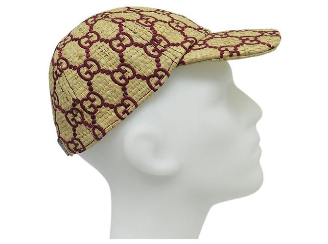 CAPPELLO DA BASEBALL GUCCI IN RAFFIA CON LOGO GG BEIGE E BORDEAUX - vista 4
