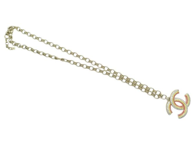 NUOVO COLLANA CHANEL PENDENTE LOGO CC STRASS MULTICOLOR ORO D'oro - vista 2