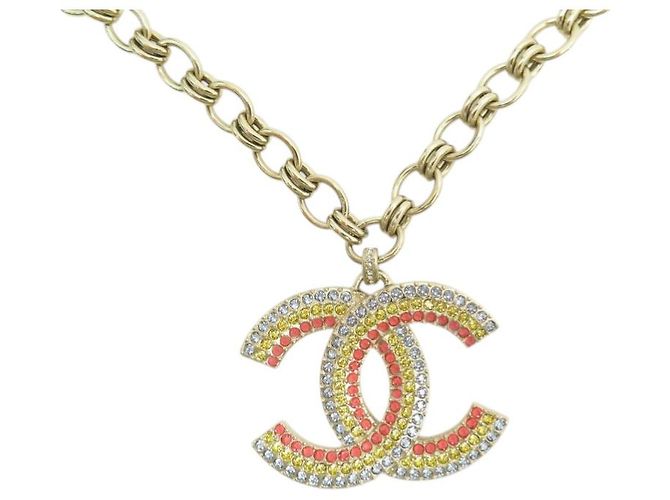 NUOVO COLLANA CHANEL PENDENTE LOGO CC STRASS MULTICOLOR ORO D'oro - vista 3