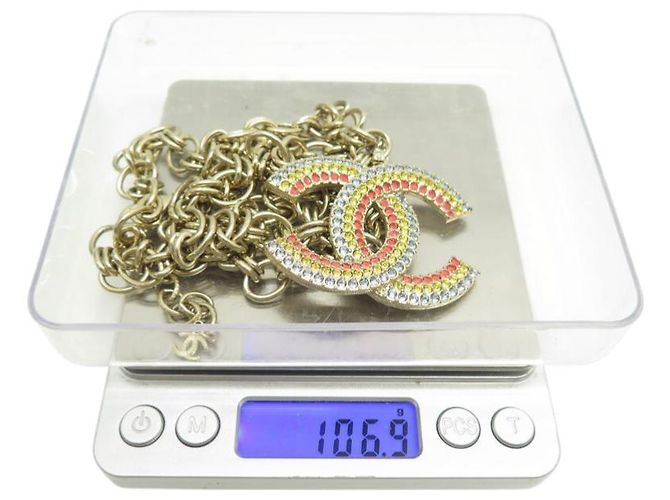 NUOVO COLLANA CHANEL PENDENTE LOGO CC STRASS MULTICOLOR ORO D'oro - vista 8