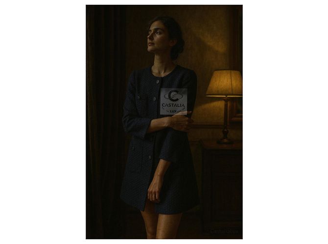 Chanel Abrigo de tweed con botón de león CC París / Edimburgo 38 FR Azul marino - vista 10