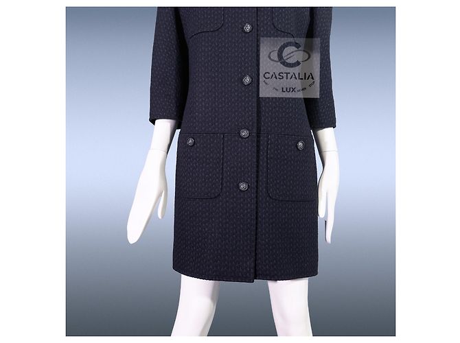 Chanel Abrigo de tweed con botón de león CC París / Edimburgo 38 FR Azul marino - vista 12