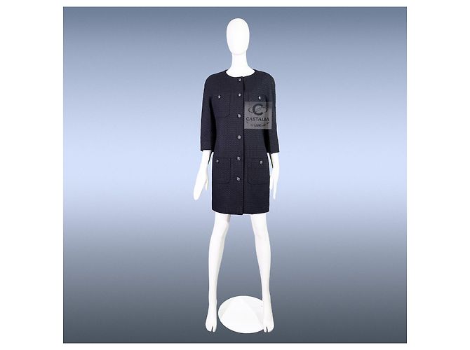 Chanel Abrigo de tweed con botón de león CC París / Edimburgo 38 FR Azul marino - vista 2