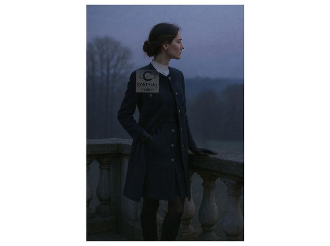 Chanel Abrigo de tweed con botón de león CC París / Edimburgo 38 FR Azul marino - vista 3