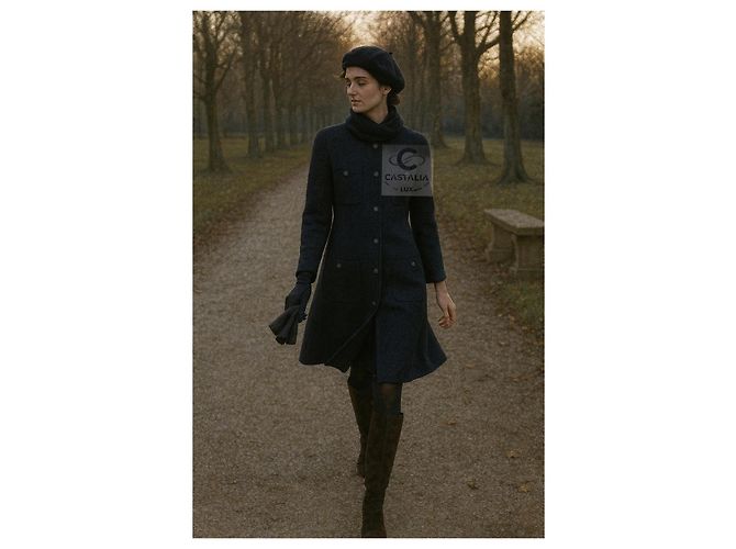 Chanel Abrigo de tweed con botón de león CC París / Edimburgo 38 FR Azul marino - vista 4