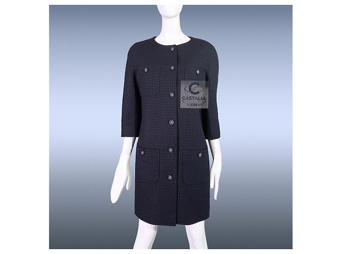 Chanel Abrigo de tweed con botón de león CC París / Edimburgo 38 FR Azul marino - vista 5