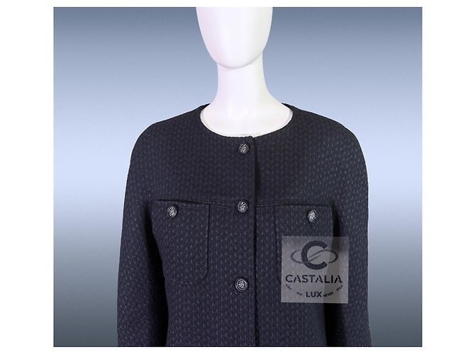 Chanel Abrigo de tweed con botón de león CC París / Edimburgo 38 FR Azul marino - vista 6
