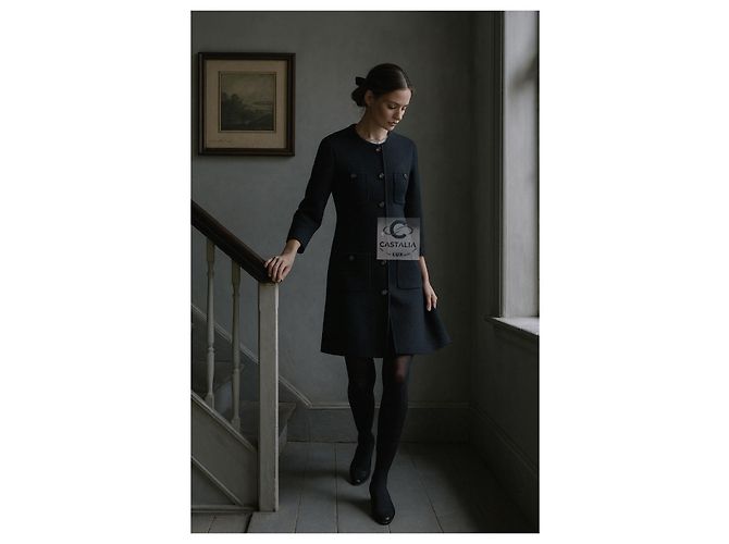 Chanel Abrigo de tweed con botón de león CC París / Edimburgo 38 FR Azul marino - vista 7