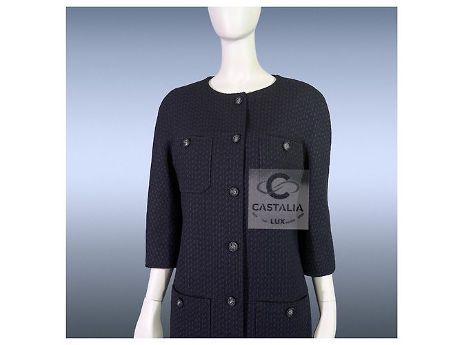 Chanel Abrigo de tweed con botón de león CC París / Edimburgo 38 FR Azul marino - vista 8