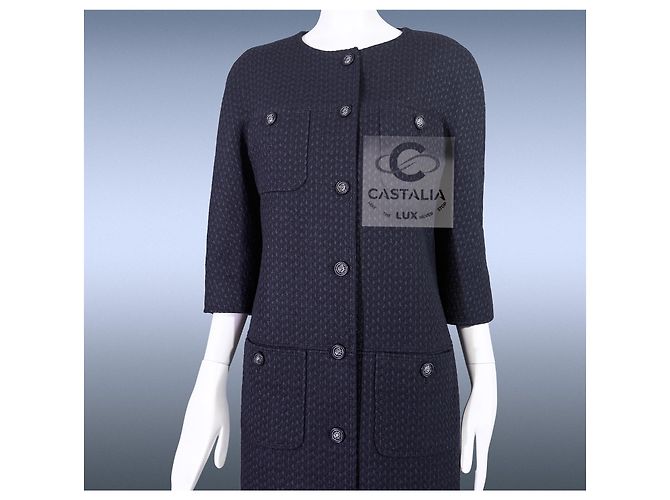 Chanel Abrigo de tweed con botón de león CC París / Edimburgo 38 FR Azul marino - vista 9