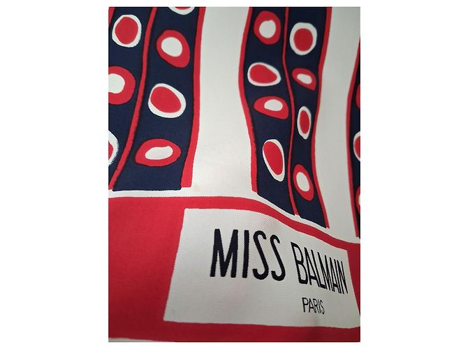 Miss Balmain Paris - L.115 x l.28 - vintage 100% seta con il suo etichetta originale Rosso Blu Beige Bianco sporco Blu navy Blu scuro - vista 7