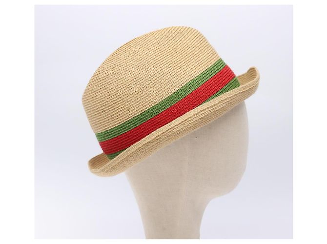 Cappello Web Sherry Line GUCCI Abaca Beige Rosso Verde 234137 Auth yk18743 - vista 4