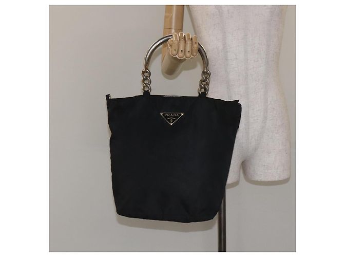 PRADA Borsa a Mano Nylon Metallo Nero Oro Auth 130971 D'oro - vista 21