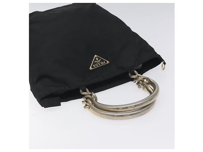 PRADA Borsa a Mano Nylon Metallo Nero Oro Auth 130971 D'oro - vista 6