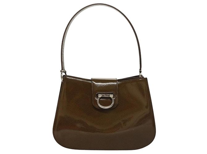 Céline Borsa a Spalla CELINE Pelle Verniciata Khaki Argento Auth ep9681 Cachi - vista 2
