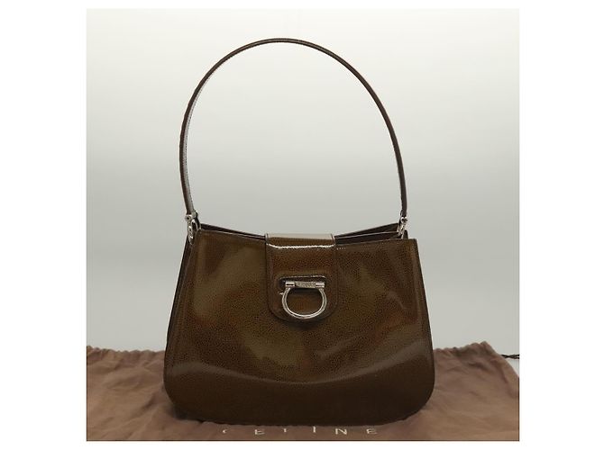 Céline Borsa a Spalla CELINE Pelle Verniciata Khaki Argento Auth ep9681 Cachi - vista 25