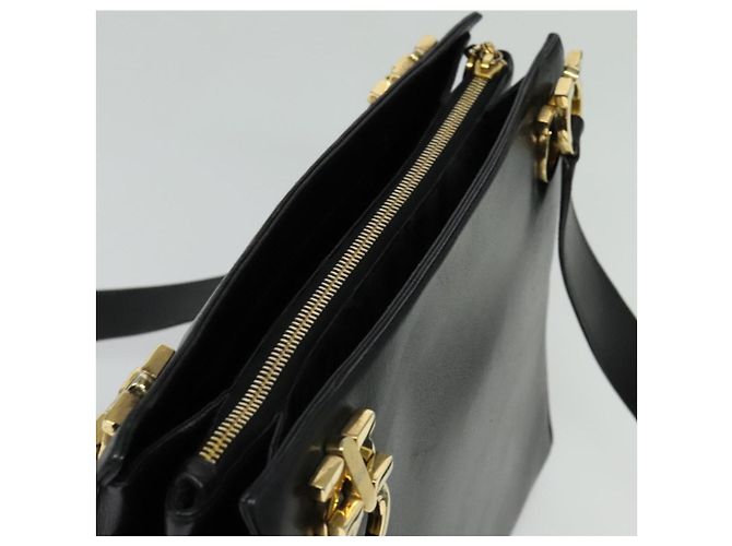 Borsa a Spalla Gancini in Pelle Nera e Oro Salvatore Ferragamo Auth gh274 Nero D'oro - vista 6