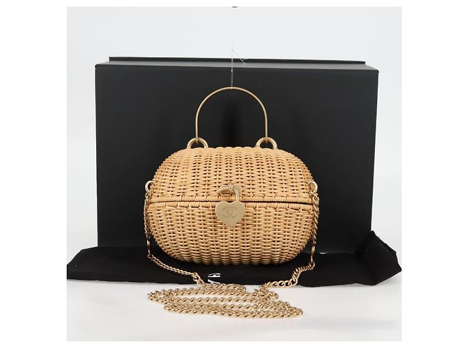 Borsa a spalla in rattan con catena CHANEL paglia beige oro CC Auth 128491SV D'oro - vista 12