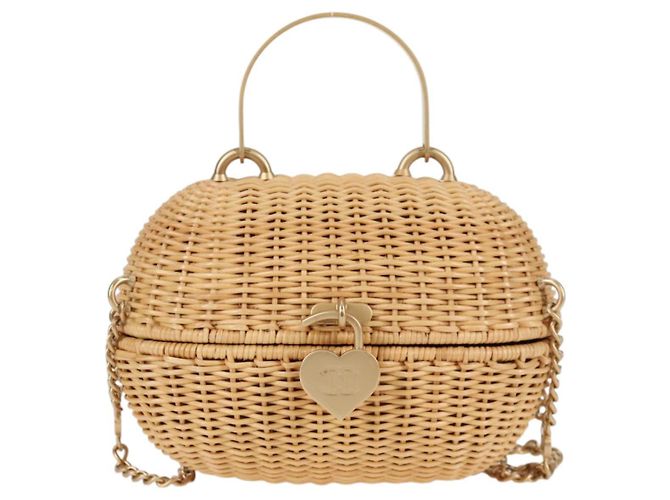 Borsa a spalla in rattan con catena CHANEL paglia beige oro CC Auth 128491SV D'oro - vista 13