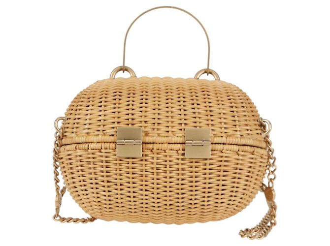 Borsa a spalla in rattan con catena CHANEL paglia beige oro CC Auth 128491SV D'oro - vista 2